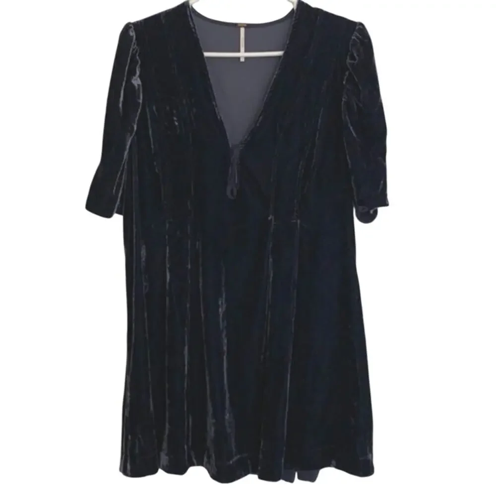 Free People Adelle Velvet Dress Indigo Lost Blue Shory Sleeve Size‎ Medium